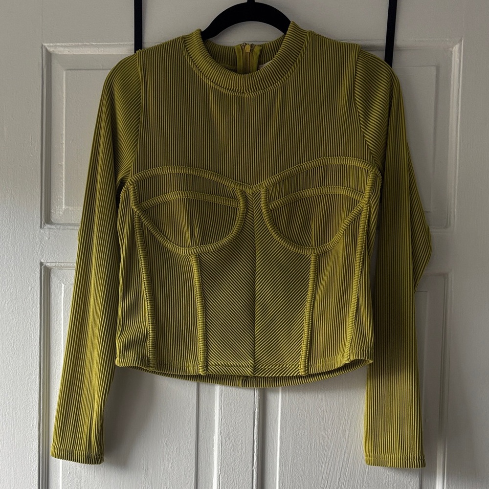 Anthropologie Blue Tassel Green Ribbed Long Sleeve Top